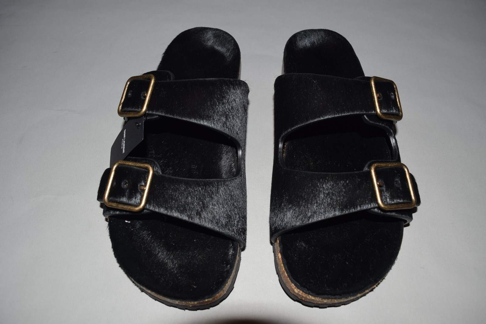 Pre-owned Saint Laurent $795 Ysl  Paris Pony Jimmy Flat Sandals 39/9 Black Birkenstock