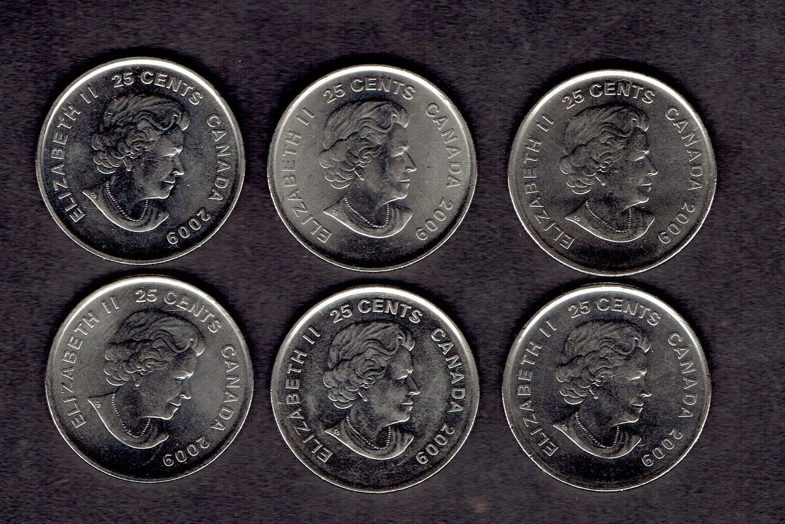 CANADA 2009 25c olymp. HOCKEY (2)+CLASSON (1) (6 used coins XF, col.+non-col.)