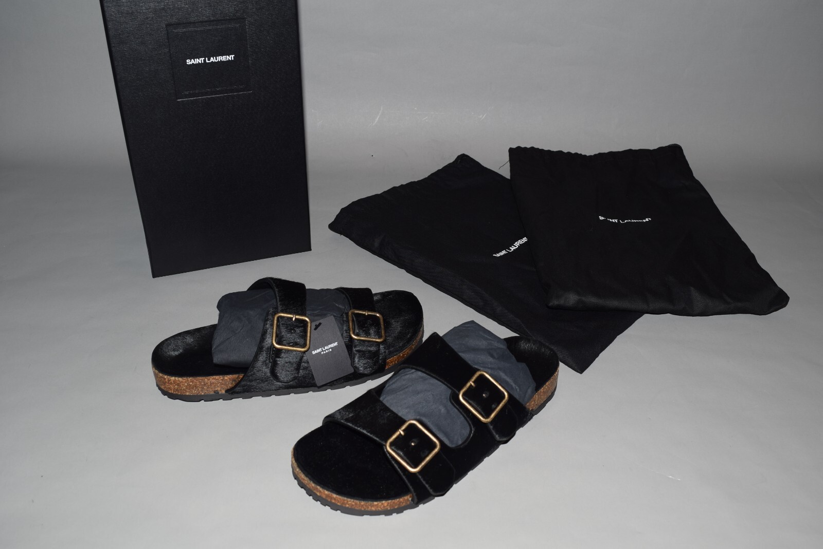 Pre-owned Saint Laurent $795 Ysl  Paris Pony Jimmy Flat Sandals 39/9 Black Birkenstock