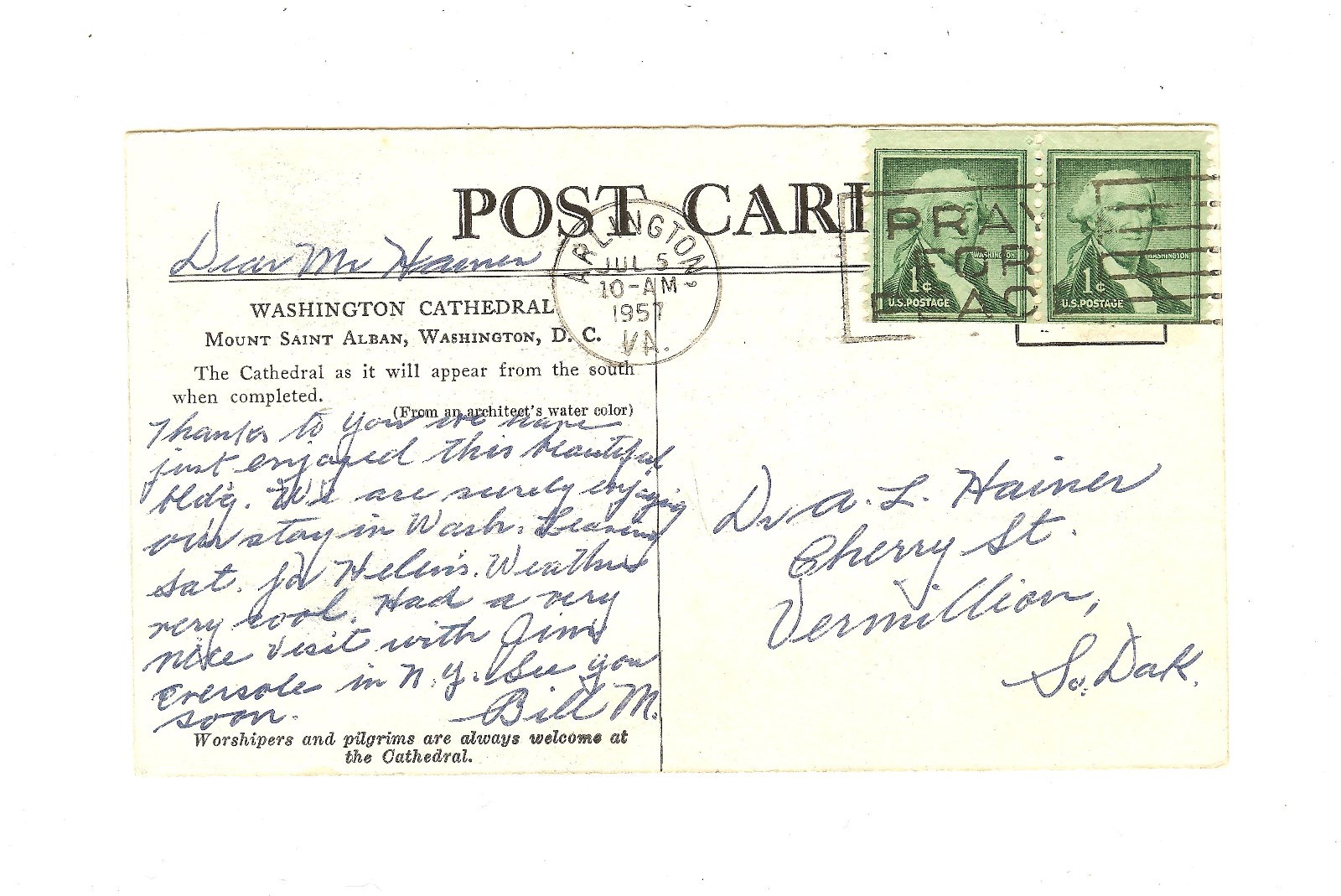 Washington Cathedral - Mount Saint Alban - Washington, D.C. - Postmarked 1957