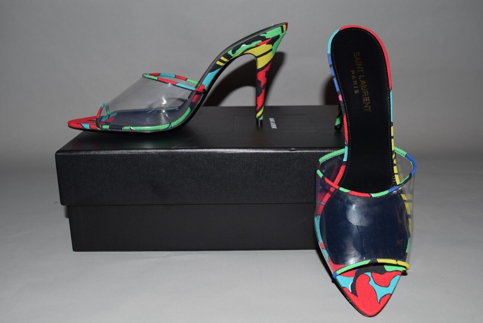 Pre-owned Saint Laurent Ysl  Flower Lolita Transparent Heels Sz 38-39.5 Slide Sandals In Multicolor
