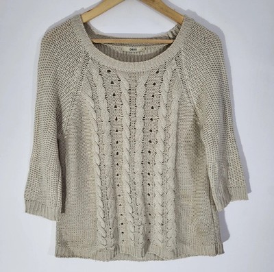 OASIS Jumper Size 10-UK Light Brown Chunky Cable Knit 3/4 Sleeves