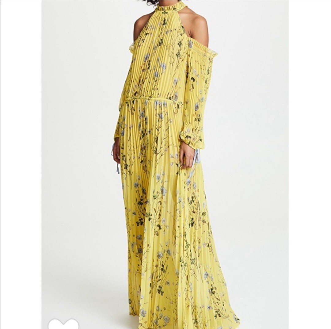 Pre-owned Self-portrait Yellow Off Shoulder Floral Pleated Dress M (us4 &6) L(us8 &10)