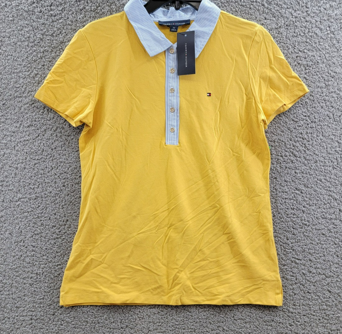 Tommy Hilfiger Striped-Collar Polo Shirt Women's S Deep Maize Short Sleeve - Picture 2 of 17