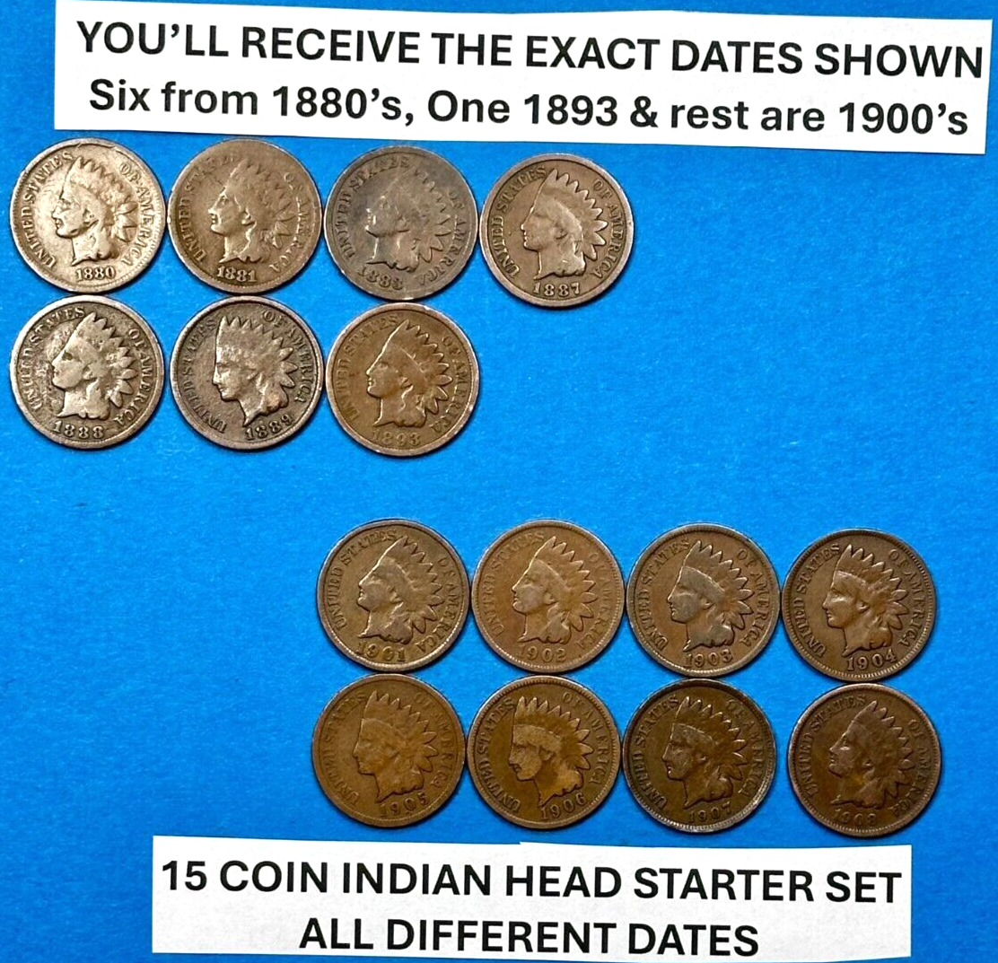 Starter Indian Head Cent Penny Set of 15 Coins ALL DIFFERENT DATES 1880 to 1907