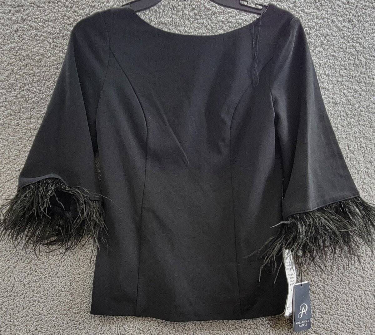 Adrianna Papell Feather-Cuff 3/4-Sleeve Top Women's 0 Black Boat Neck Back Zip - Picture 2 of 17