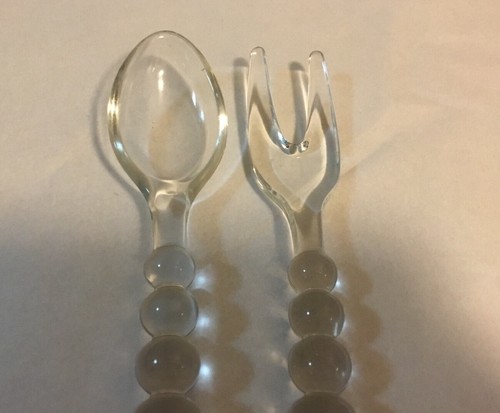 Vintage CLEAR GLASS SALAD SERVING TONGS Stacked Ball Handles