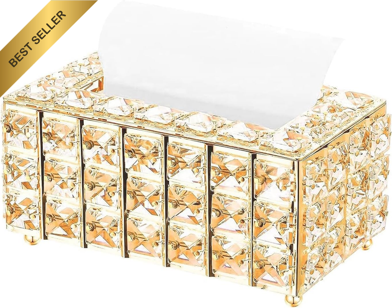 Crystal Tissue Box Cover – Luxury Gold Facial Tissue Holder & Organizer for Bath