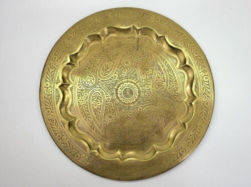 Vintage Middle Eastern Solid Brass Tray Round 15" Paisley
