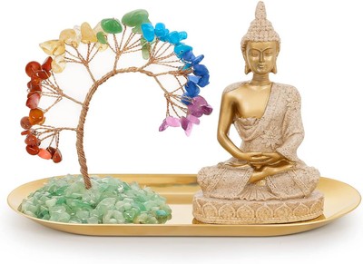 INNOLITES 7 Chakra Crystal Tree and Buddha Statue Set, Yoga 7 Chakras Gold 