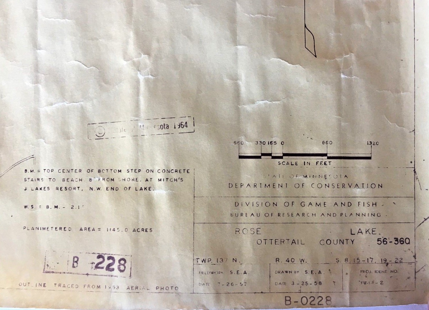 State of MN Dept of Conserv. Div of Game & Fish Map Aerial View 1953 to 1957