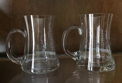 LARGE VINTAGE PAIR OF ETCHED CLIPPER SHIP CRYSTAL MUGS