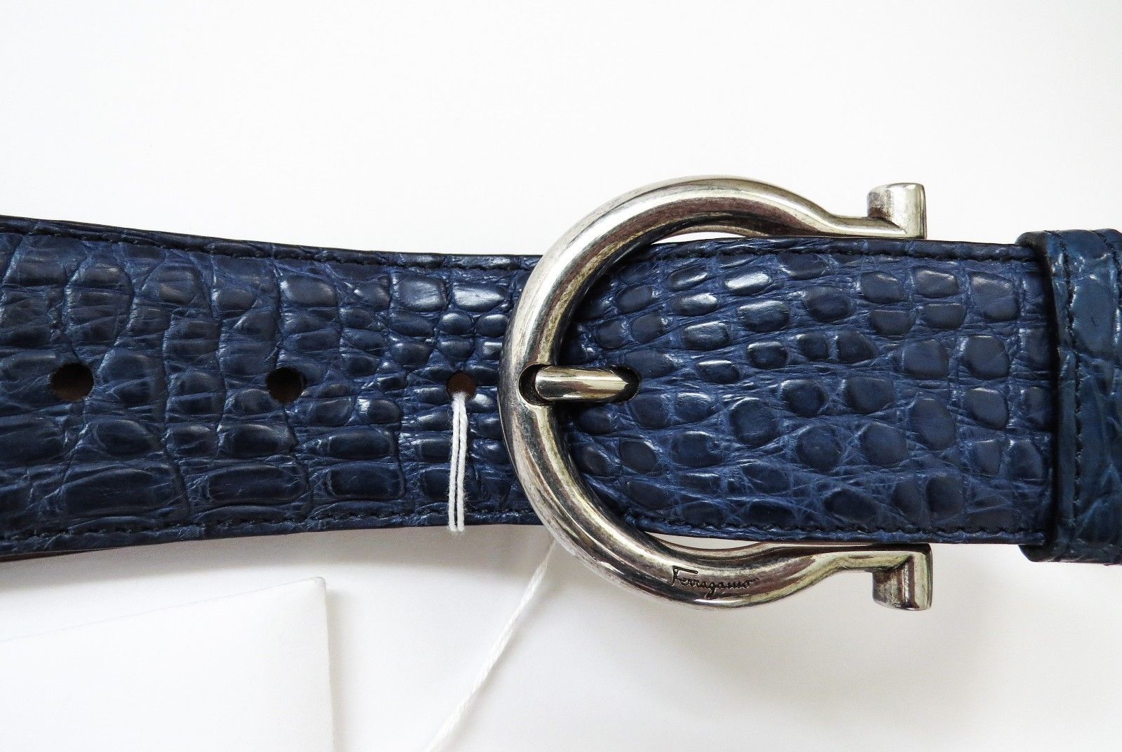 Pre-owned Ferragamo Salvatore  Wide Adjustable Blue Crocodile Gancini Belt Size 38 Us 95 Cm