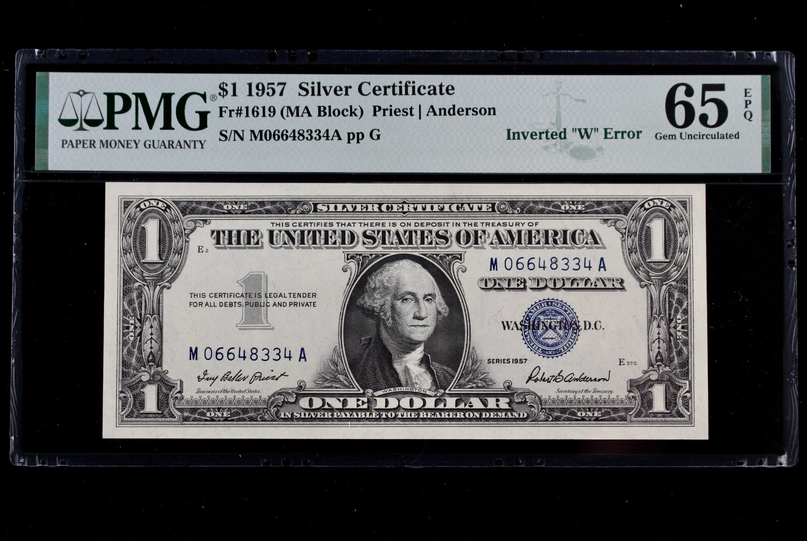 W as M INVERTED PREFIX ERROR $1 1957 PMG65EPQ Silver Cert
