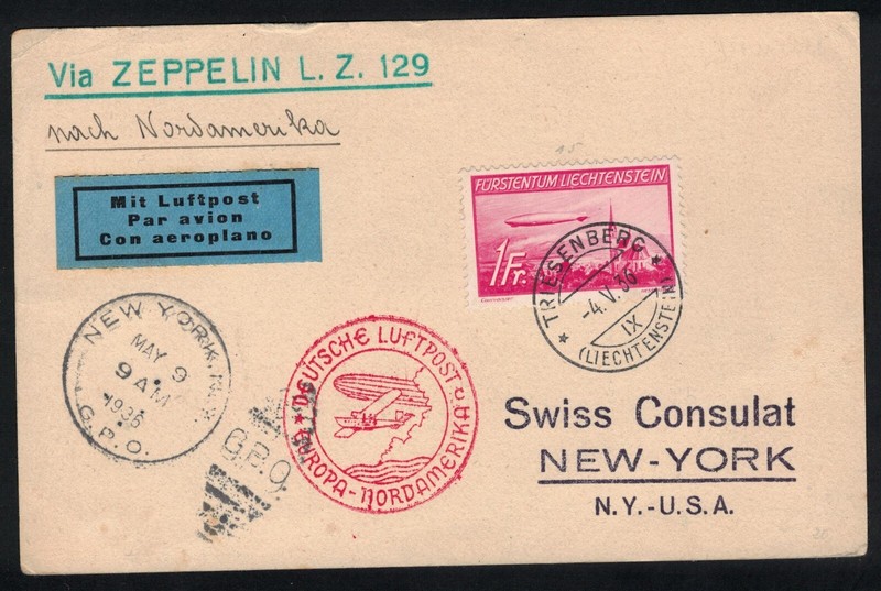 Zeppelin Luftpost Lz129Â  Nordamerika Ny 9 Mai 1936 Liechtenstein Swiss Consulat