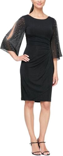 Pre-owned Alex Evenings Womens Short Sheath Dress With Embellished Illusion Split... In Black