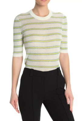 Veronica Beard Dean Ivory Multi Striped Linen Blend Sweater Size Small NEW $250