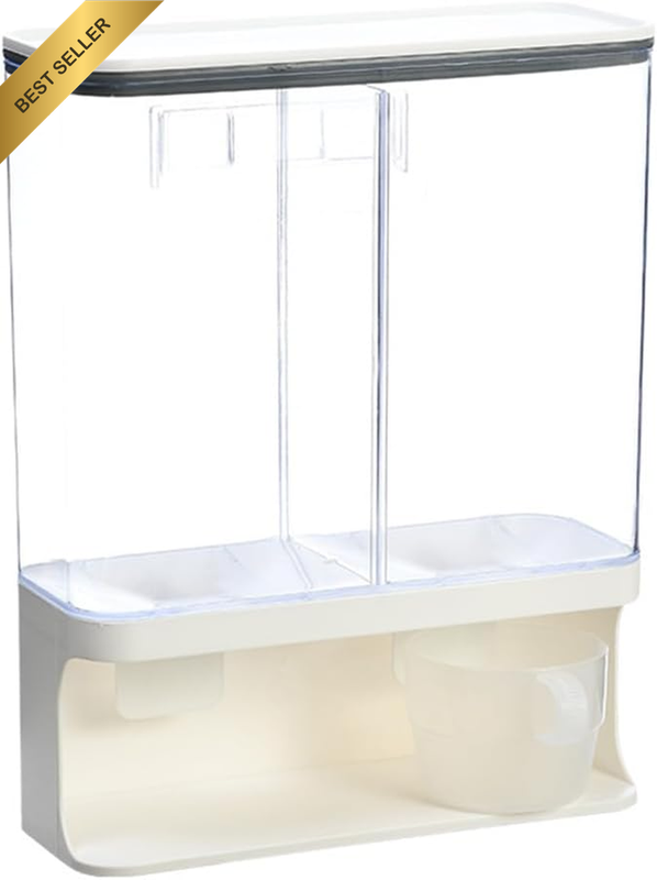 Double-Compartment Rice Dispenser with a Cup, Wall-Mounted Kitchen Grain Storage