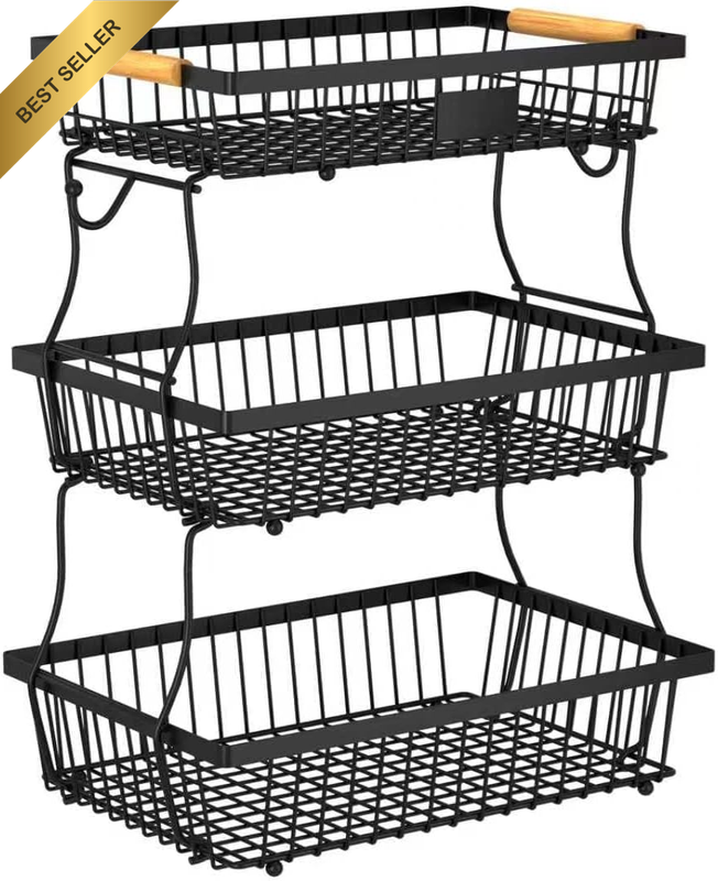 3 Tier Fruit Basket Bowl with 2 Banana Hangers, Kitchen Counter Metal Fruit Stor