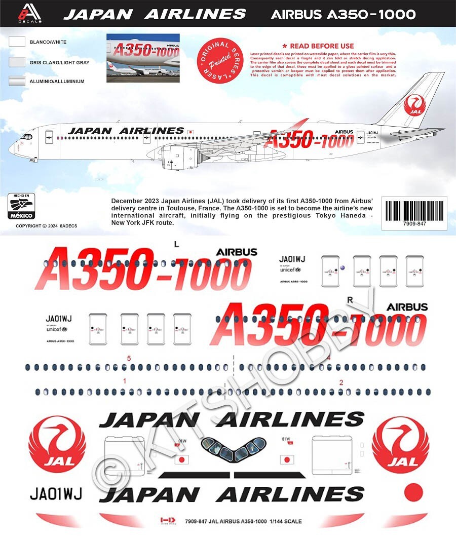A350-900のシールです Japan Airlines Airbus A350-900 JA02XJ – DRAW Decal