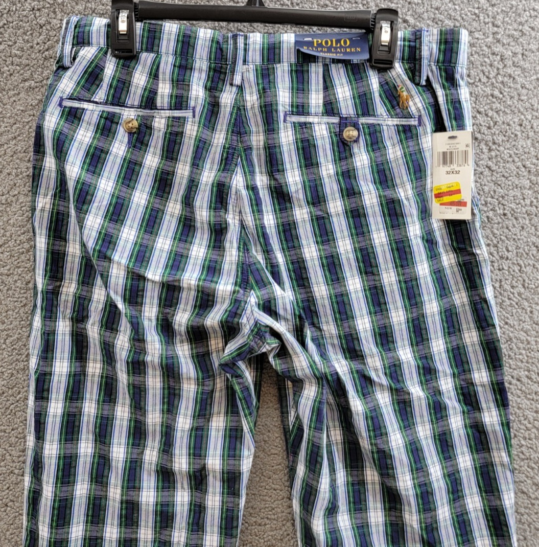 Polo Ralph Lauren Classic-Fit Seersucker Pants Men's 32/32 White/Navy Belt Loops - Picture 12 of 17