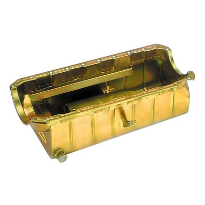 Milodon Oil Pan Steel Gold Iridite 9 qt. BBC Mark IV Marine Fits V-Drive EA