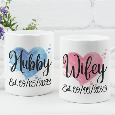 Hubby Wifey Personalised Wedding Date Mug Set Joint Gift MR