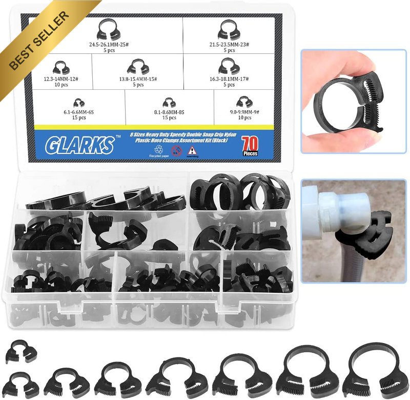 70Pcs 8 Size Heavy Duty Black Double Gripping Nylon Hose Clamps Set, 6.6-27.2Mm