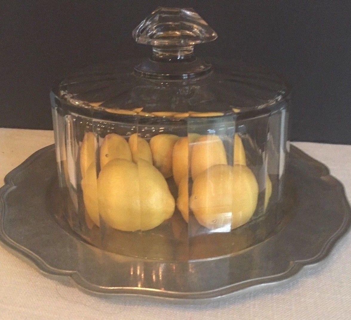Antique French Glass Cloche Dome With Old Pewter Plate