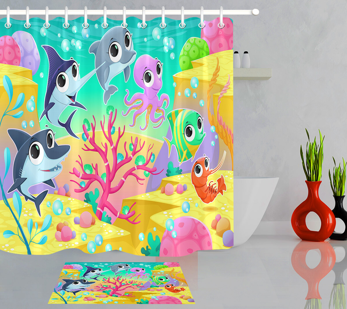 Cartoon Marine Fish Shower Curtain Bath Accessory Sets Polyester