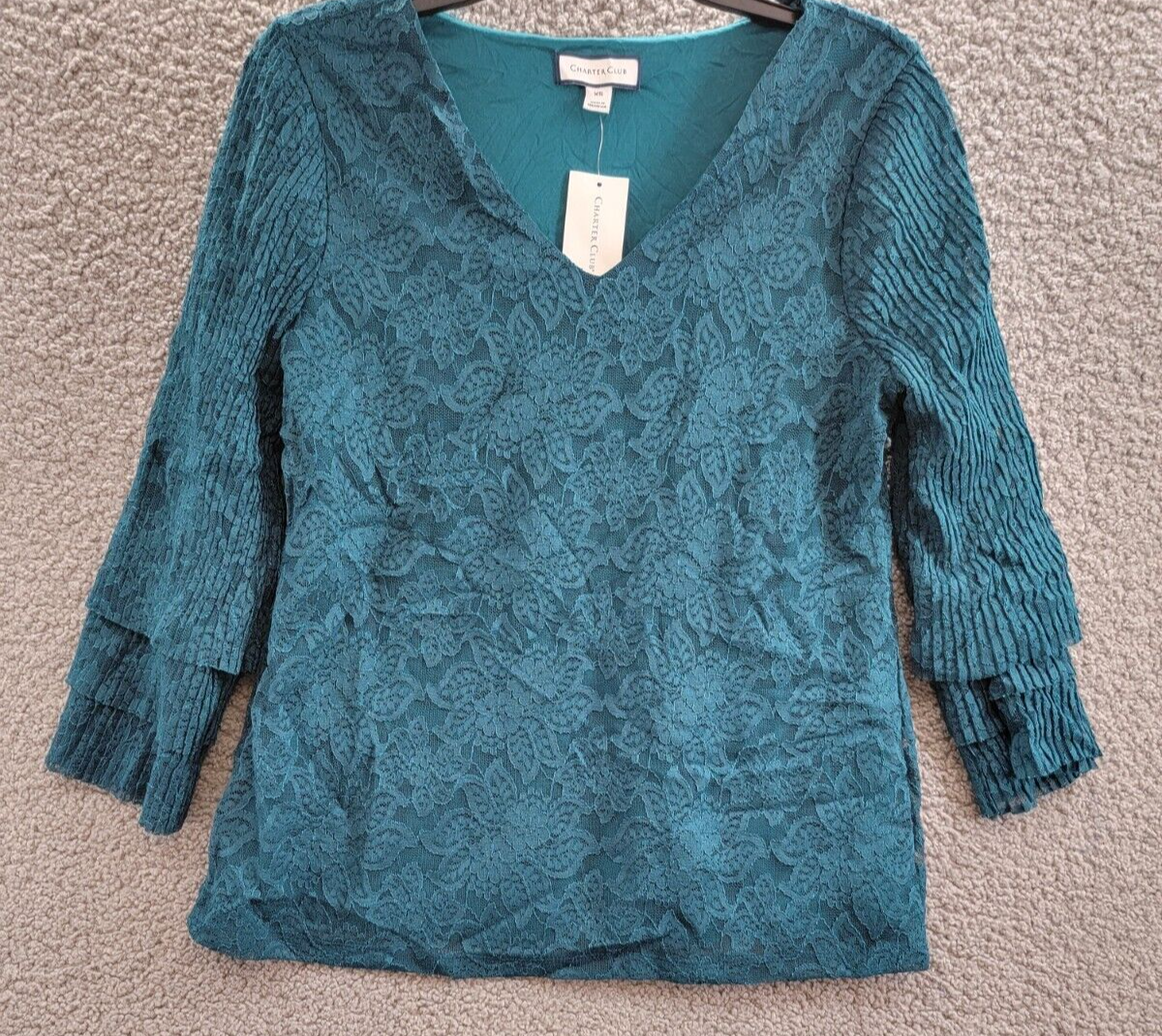 Charter Club Tiered Lace Top Women's XS Deep Pine Floral V-Neck Quarter Sleeve - Picture 2 of 16