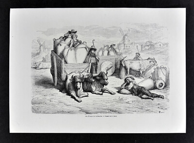 1868 Tour du Monde G. Dore Print Tinajas de La Mancha Spain Oxcarts Amphora Pots