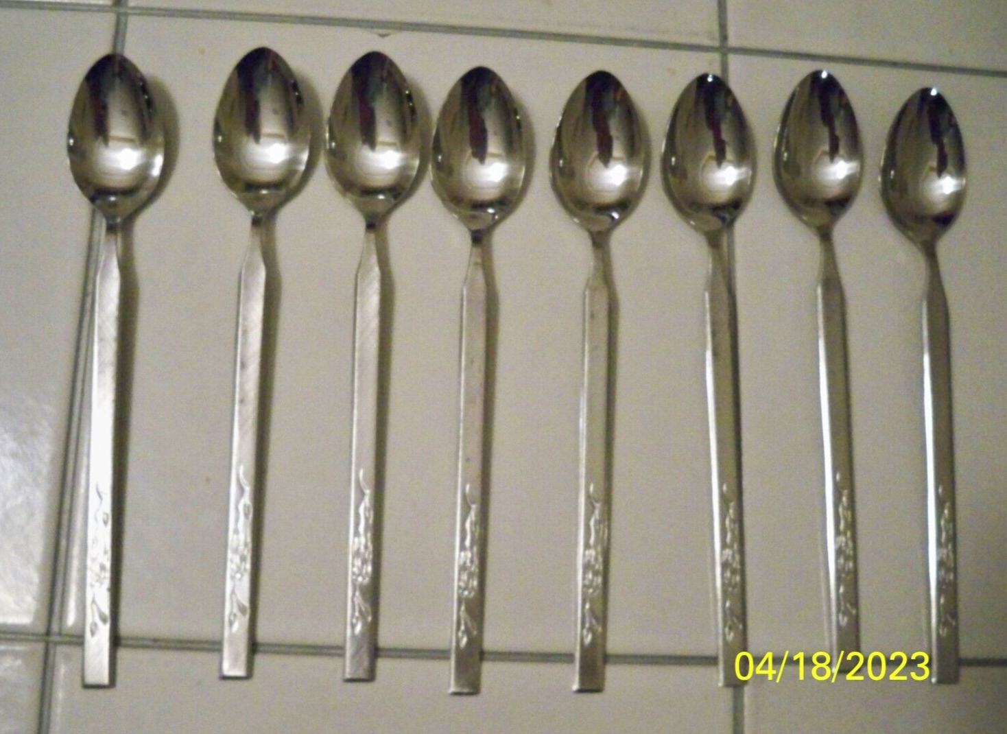 Lot of 8 Stainless Steel 18/0 Floral Iced Tea Spoons Japan