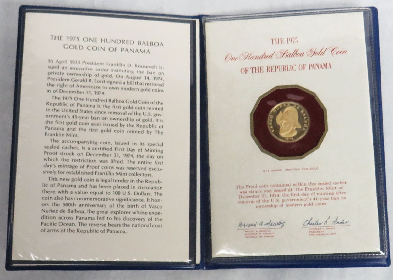1975 GOLD PANAMA 100 BALBOAS FIRST DAY OF MINTING COIN IN