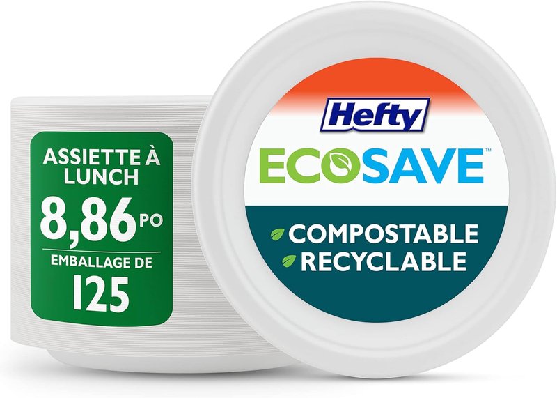 ECOSAVE Compostable Disposable Paper Plates Luncheon 8.86", 125 Count White