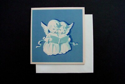 # I 248- VTG Unused Rust Craft Xmas Greeting Card Darling Angels in Blue Singing