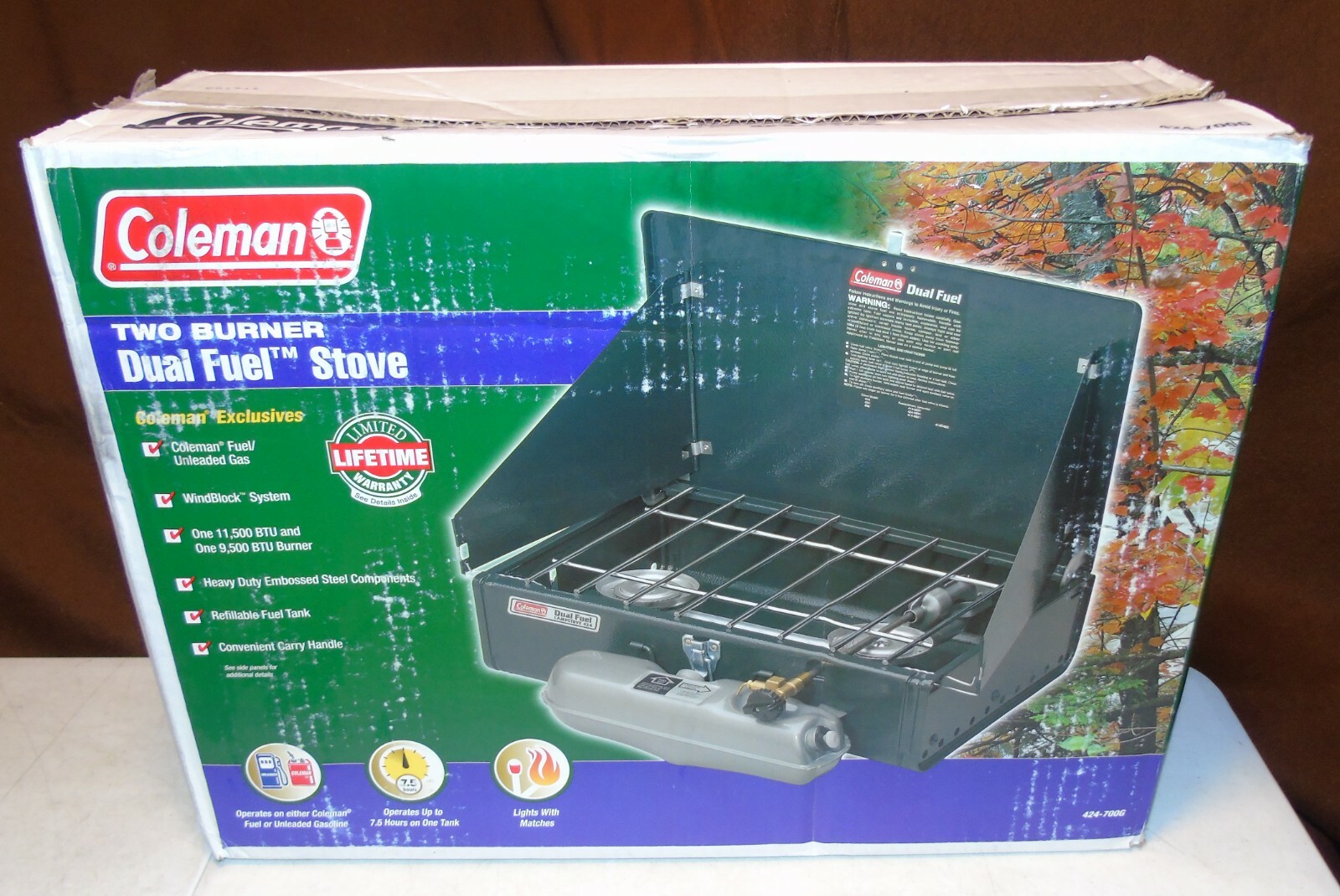 COLEMAN DUAL FUEL 2 BURNER CAMP STOVE 424 424700G 07/2001 UNFIRED NEW
