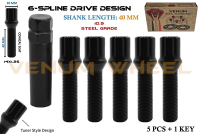 5pc 14x1.25 | 40 mm Extended Shank | Black Spline Drive Lug Bolt Replacement Kit