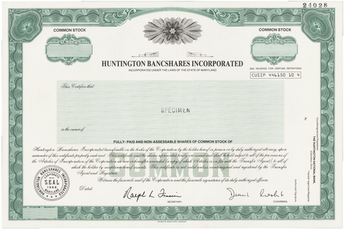 Huntington Bancshares Incorporated. Stock Certificate.
