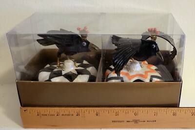 NEW Mackenzie Childs CROWNED CROWS ON PUMPKINS - SET of 2  Great Halloween Decor