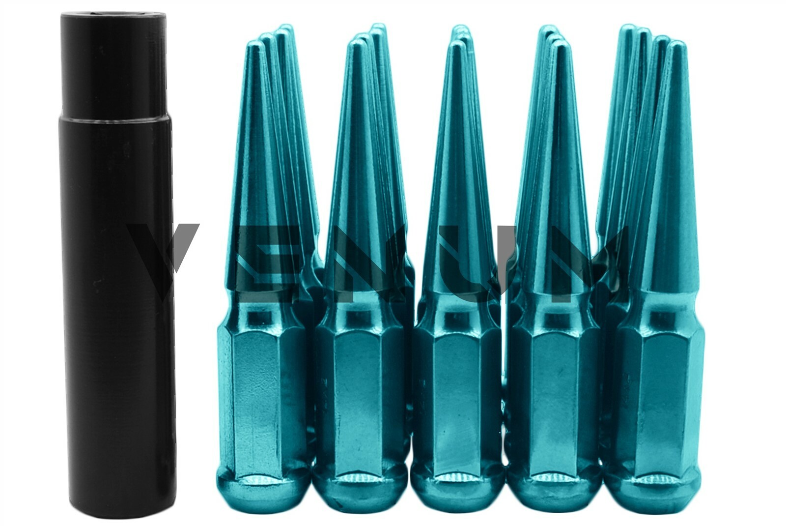 20 Pc Candy Teal 14x1.5 Thread Size Metal Spike Lug Nuts 4.5" + Key
