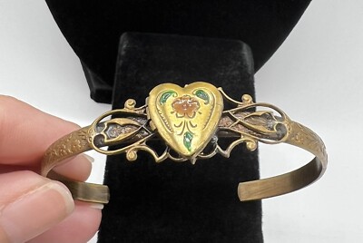 Vintage Flower Enamel Locket Etched Cuff 6.5  Bracelet
