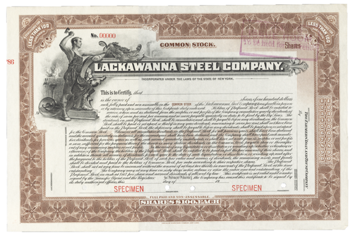 Lackawanna Steel Company. Stock Certificate.