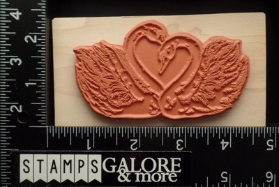 PSX USED RUBBER STAMP K-1738 TWO HEART LOVE SWANS VALENTINES WEDDING #716
