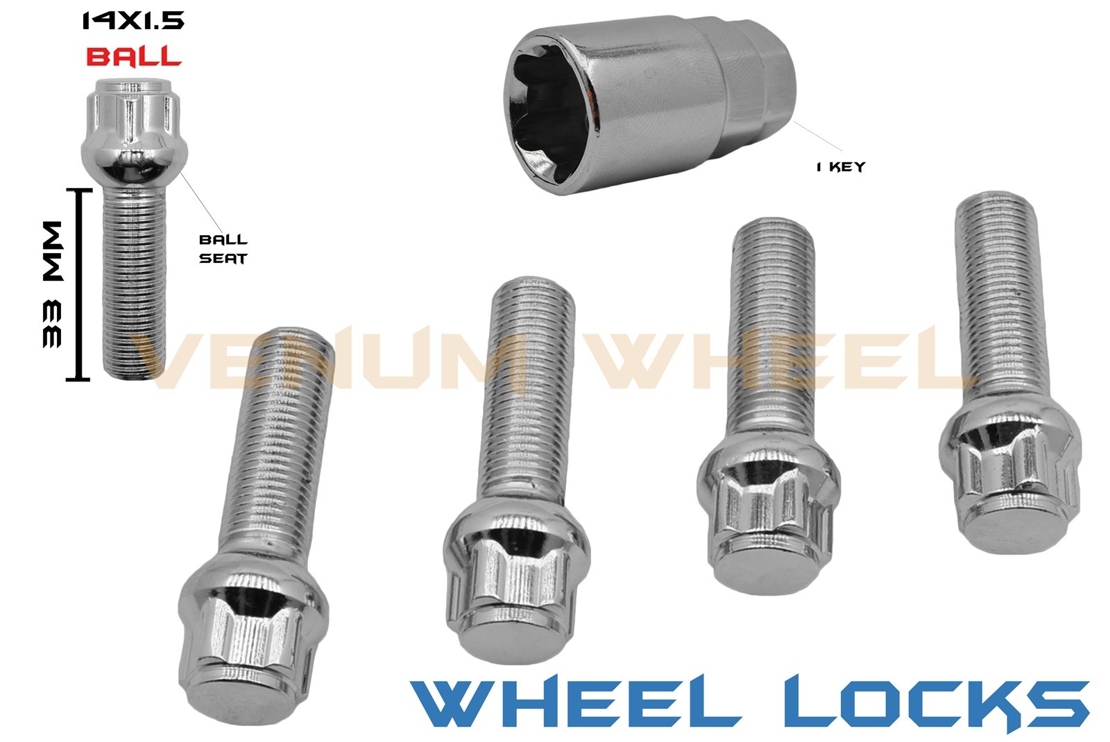 Venum wheel accessories 10 Pc 33 mm Ball Seat Lug Bolts M14x1.5 Extended Shank Length Radius Works with Volkswagen Audi Mercedes Benz Porsche Vehicle W//Factory Wheels