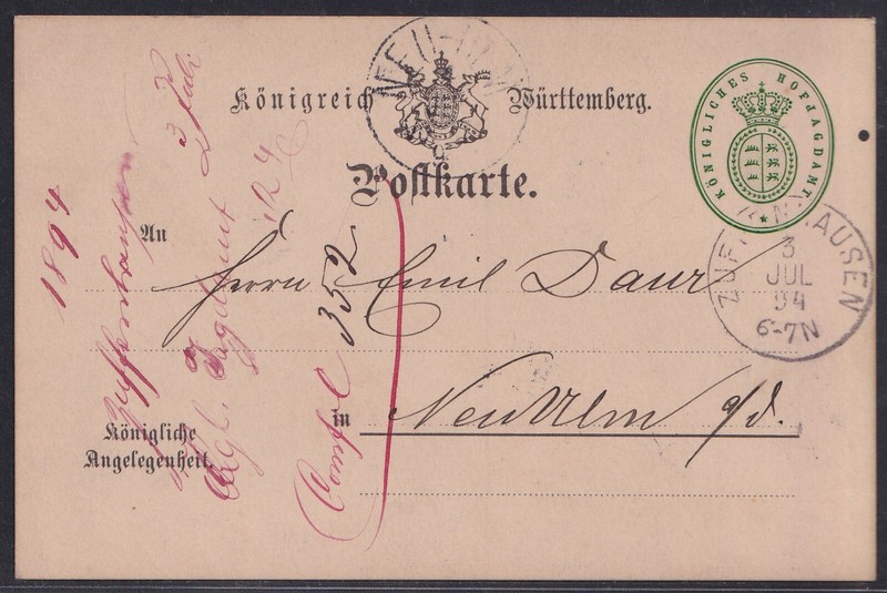 66765) Zuffenhausen 1894 KÃ¶Nigliche Angelegenheit Hofjagdamt Nach Neuulm
