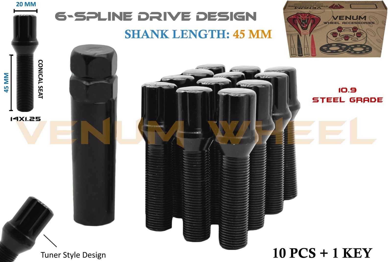 10 Pc 45mm Extended Shank Black Spline Drive Lug Bolts 14x1.25 + Key