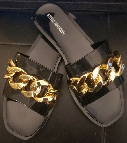 Steve Madden PIZZIE Black With Gold Chain Slip On Sandals