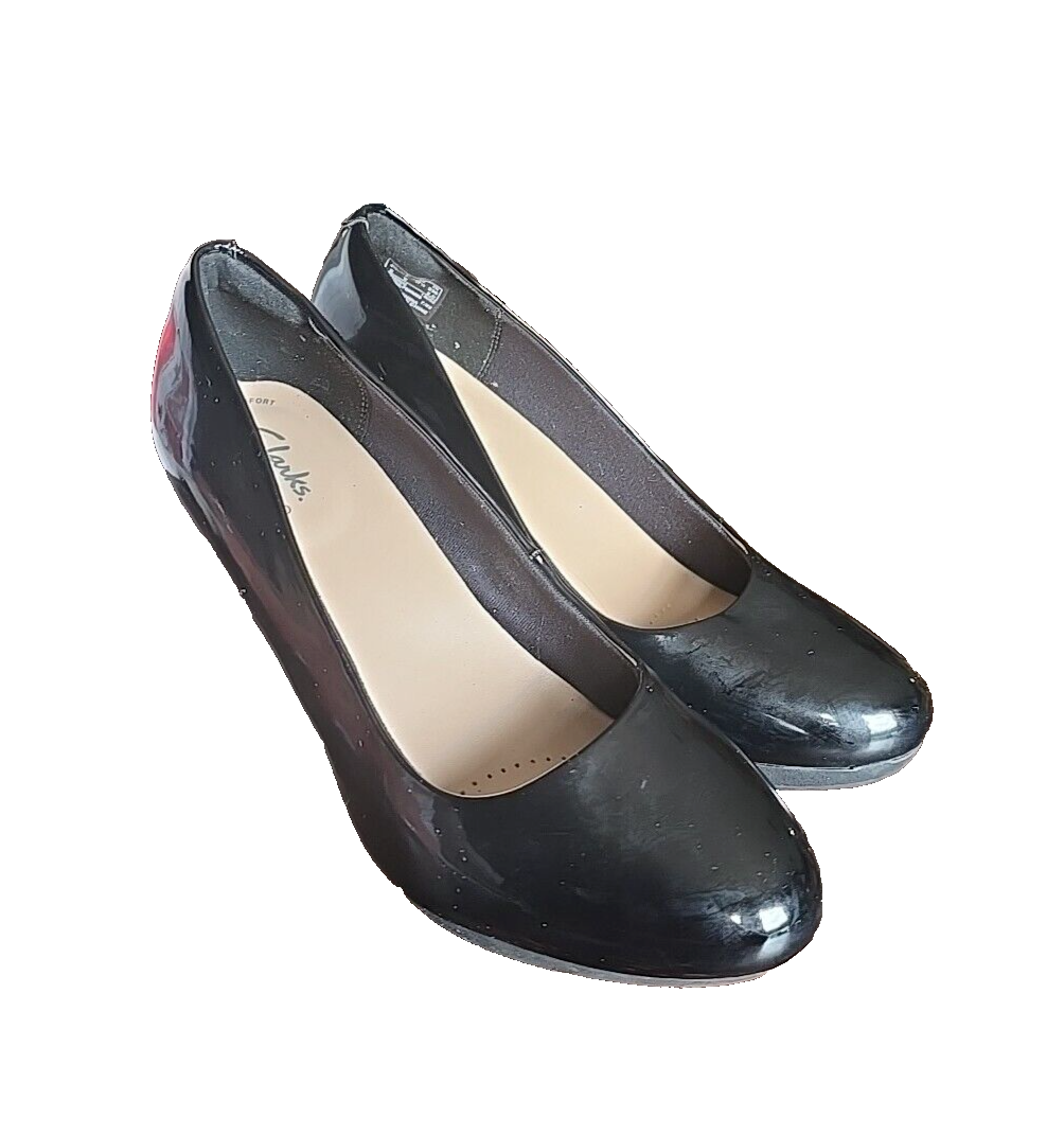 Clarks Ambyr Joy Black Patent Round Toe Slip On Platform Pump Heels Womens  Sz 7W | eBay