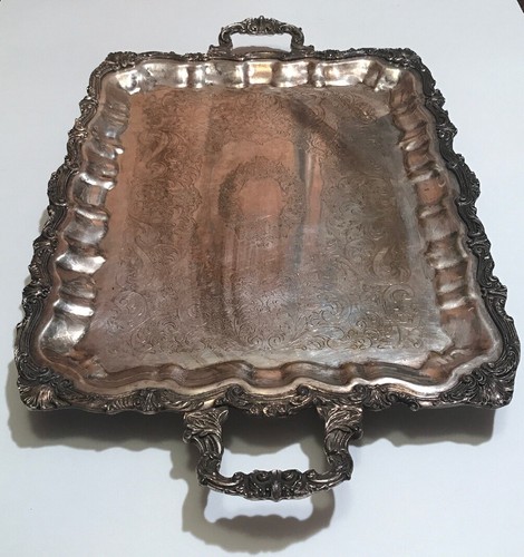 Antique Large Sheridan Silver Plated Footed Handled Engraved Butler Serving Tray